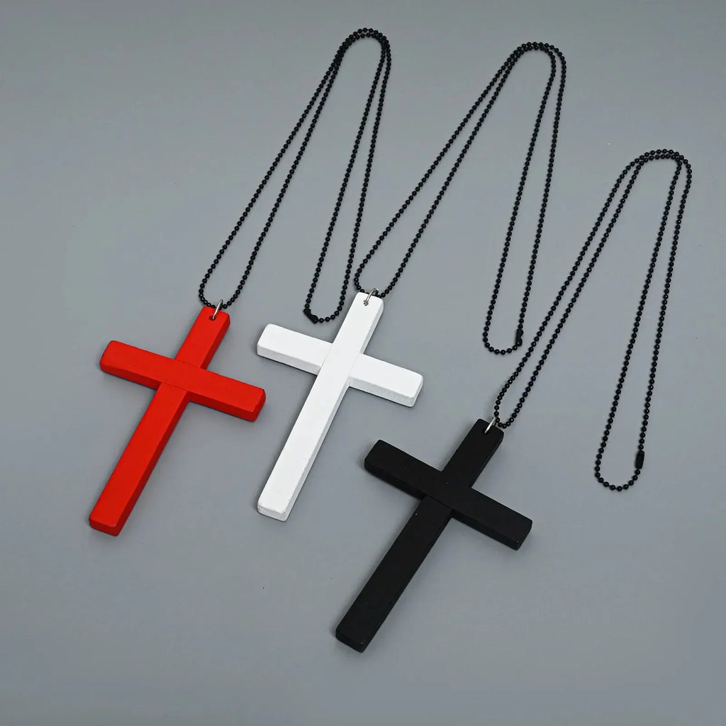Fashion Punk Gothic Wood Cross Pendants Necklace for Women Black White Red Cross Choker Y2k Hip Hop Necklace Sweater Chain Gifts
