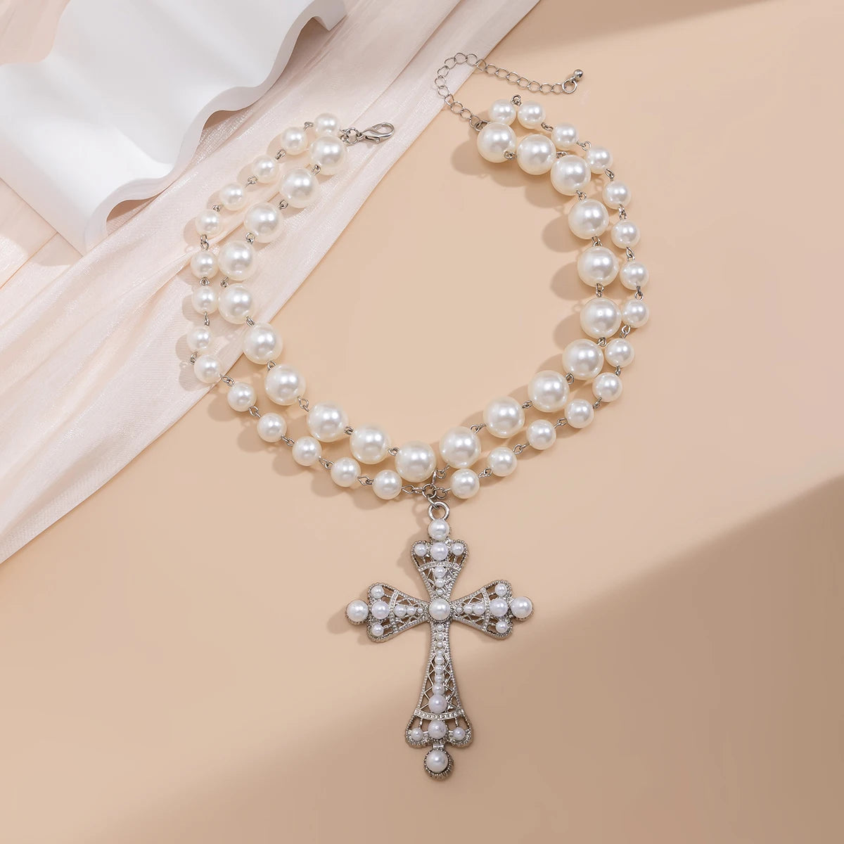 Large Cross Pendant Pearl Choker Design