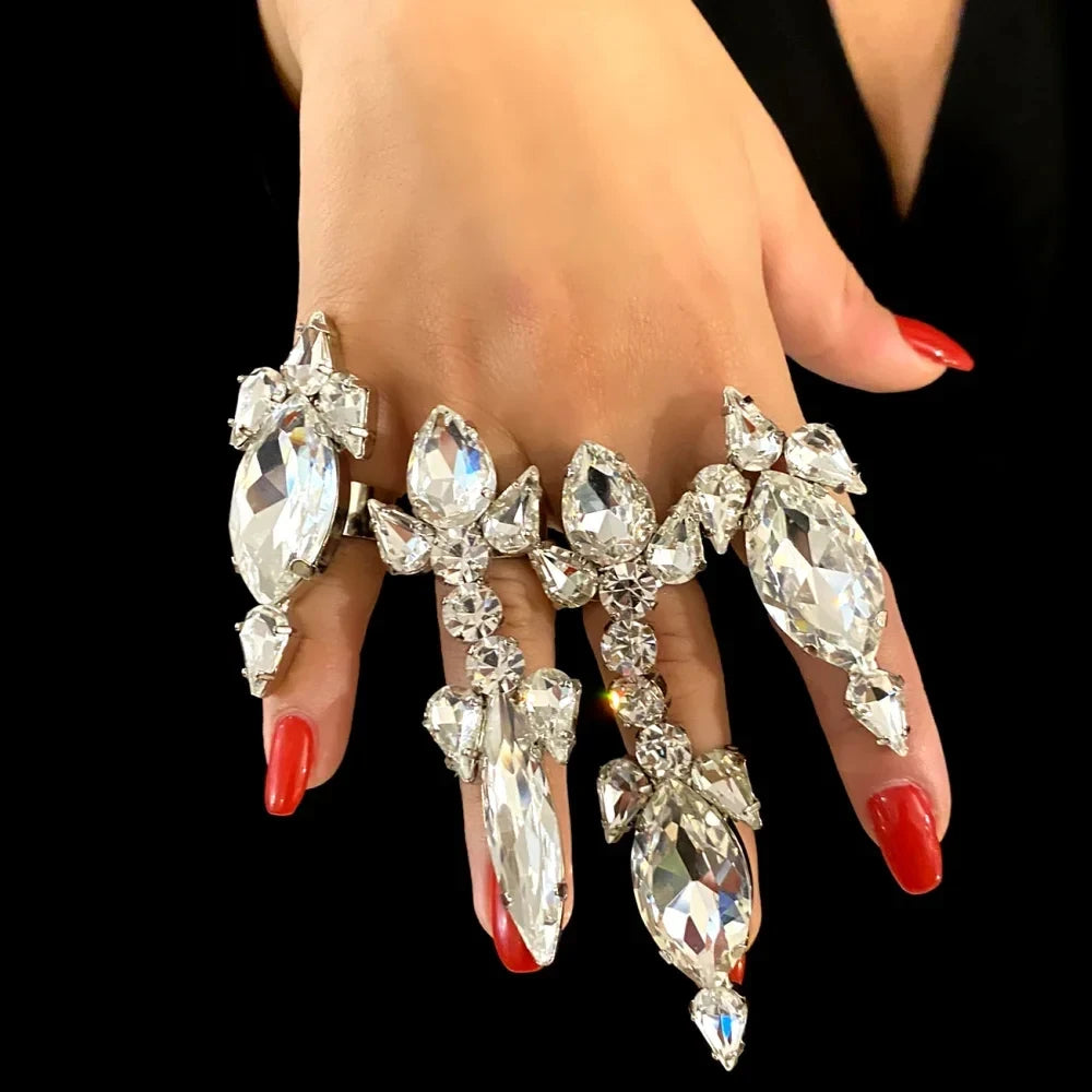 4PCS/Set Rhinestone Oversized Crystal Adjustable Cuff Rings Jewelry