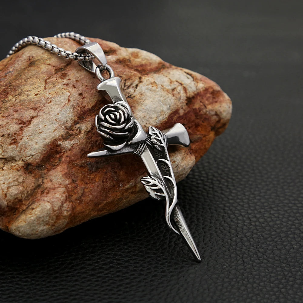 Rose Cross Necklace Stainless Steel