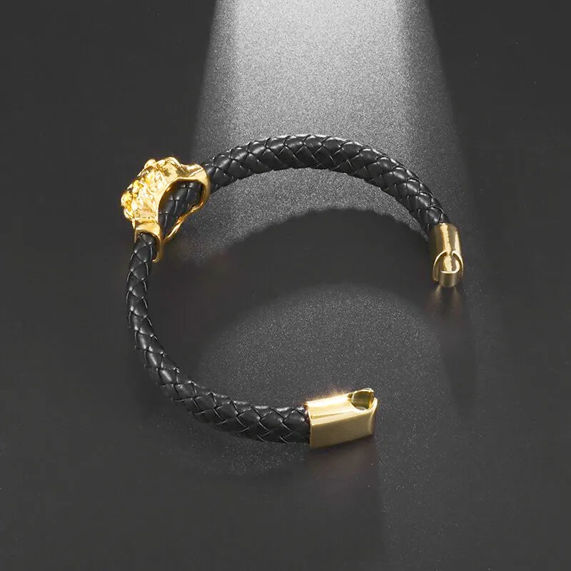Lion Head Single Layer Handwoven Leather Bracelet