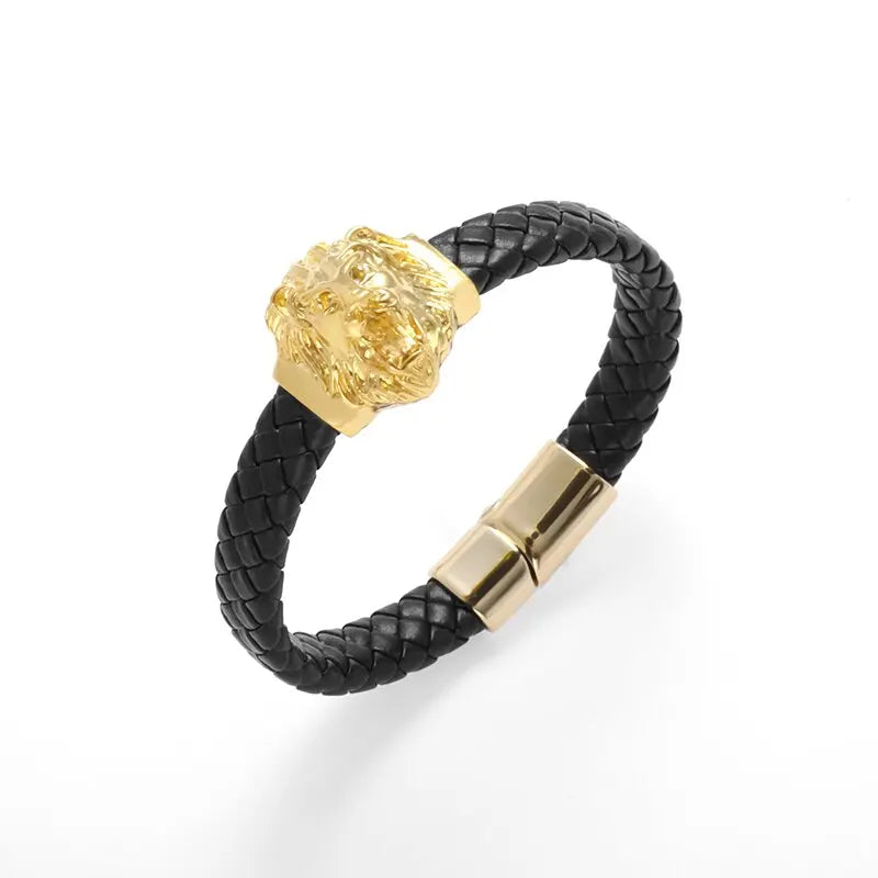 Lion Head Single Layer Handwoven Leather Bracelet