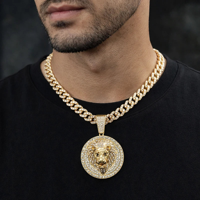 Hip Hop Big Lion Head Pendant Necklace Cuban Chain