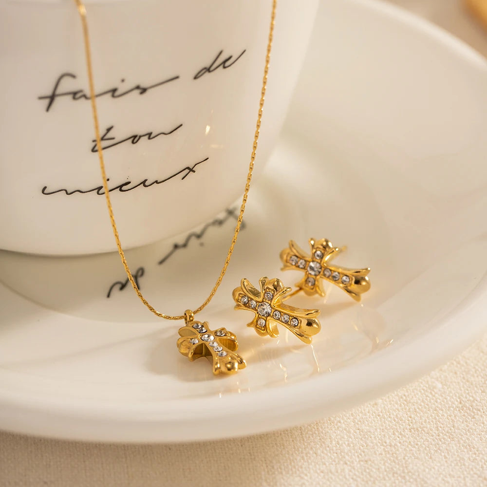 Stainless Steel 18K Gold Plated Trendy Cross NECKLACES AND EARRINGS