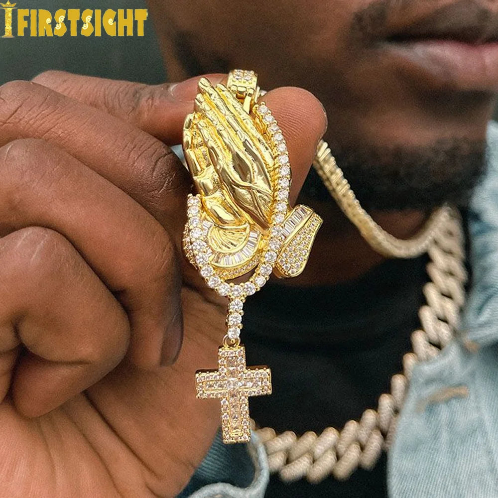 Iced Out Bling Praying Hands Cross Pendants Necklaces