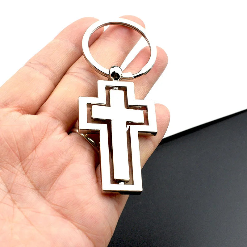 Metal Double-sided Rotating Cross Pendant Keychain