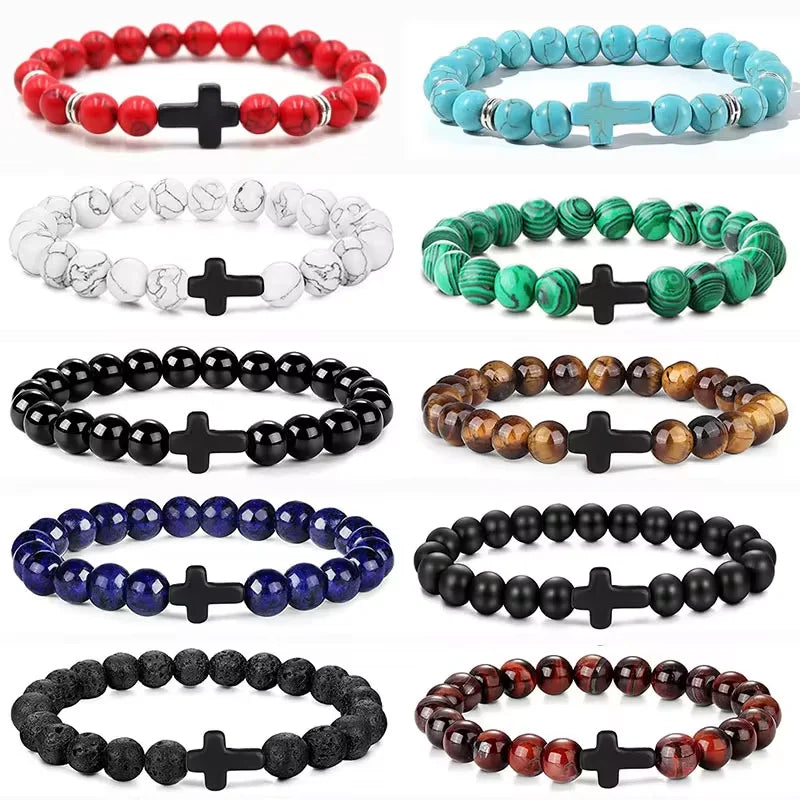 Natural Stone Wood Beads Cross Bracelet
