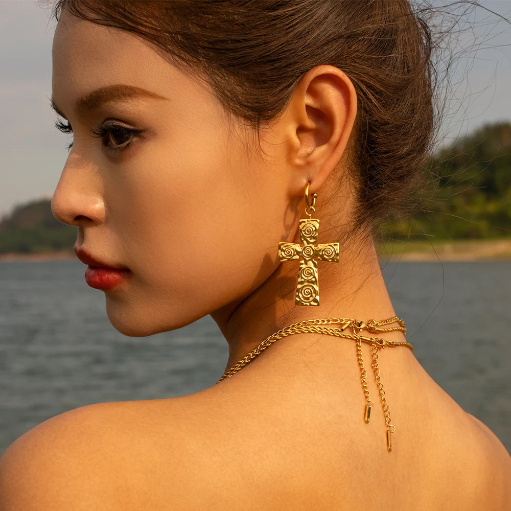Stainless Steel 18K Gold Plated Trendy Cross NECKLACES AND EARRINGS