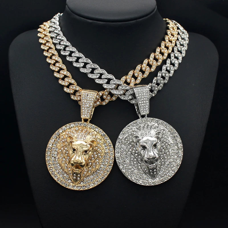 Hip Hop Big Lion Head Pendant Necklace Cuban Chain