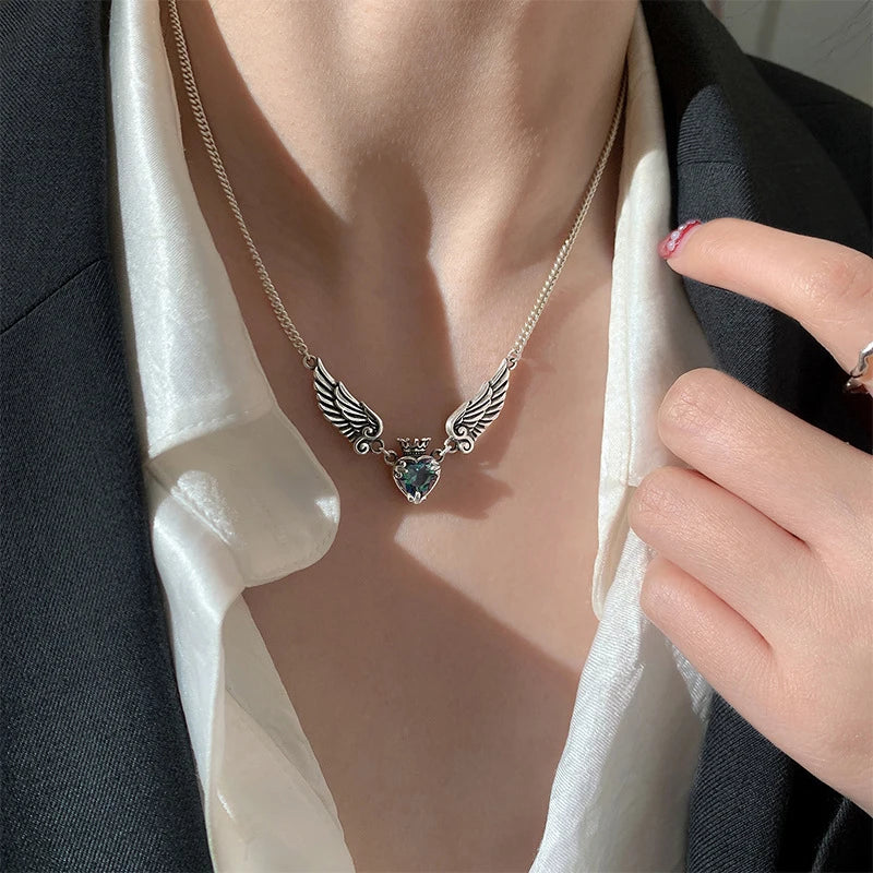 Vintage Gothic Heart Crown Angel Wings Pendant Necklace