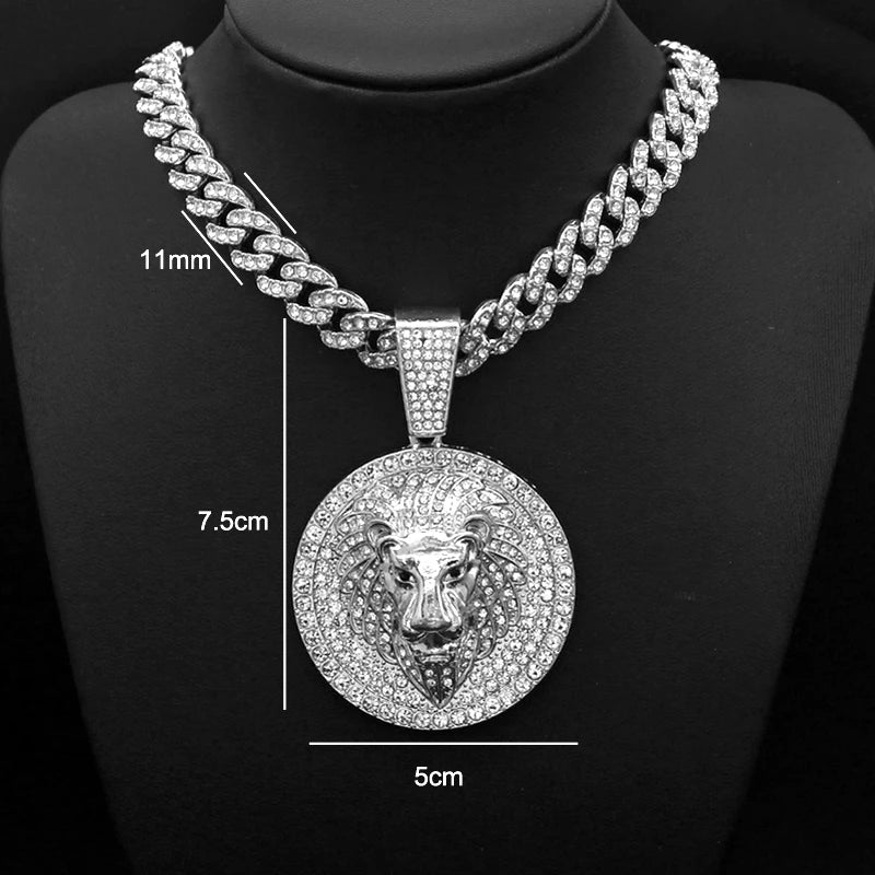 Hip Hop Big Lion Head Pendant Necklace Cuban Chain