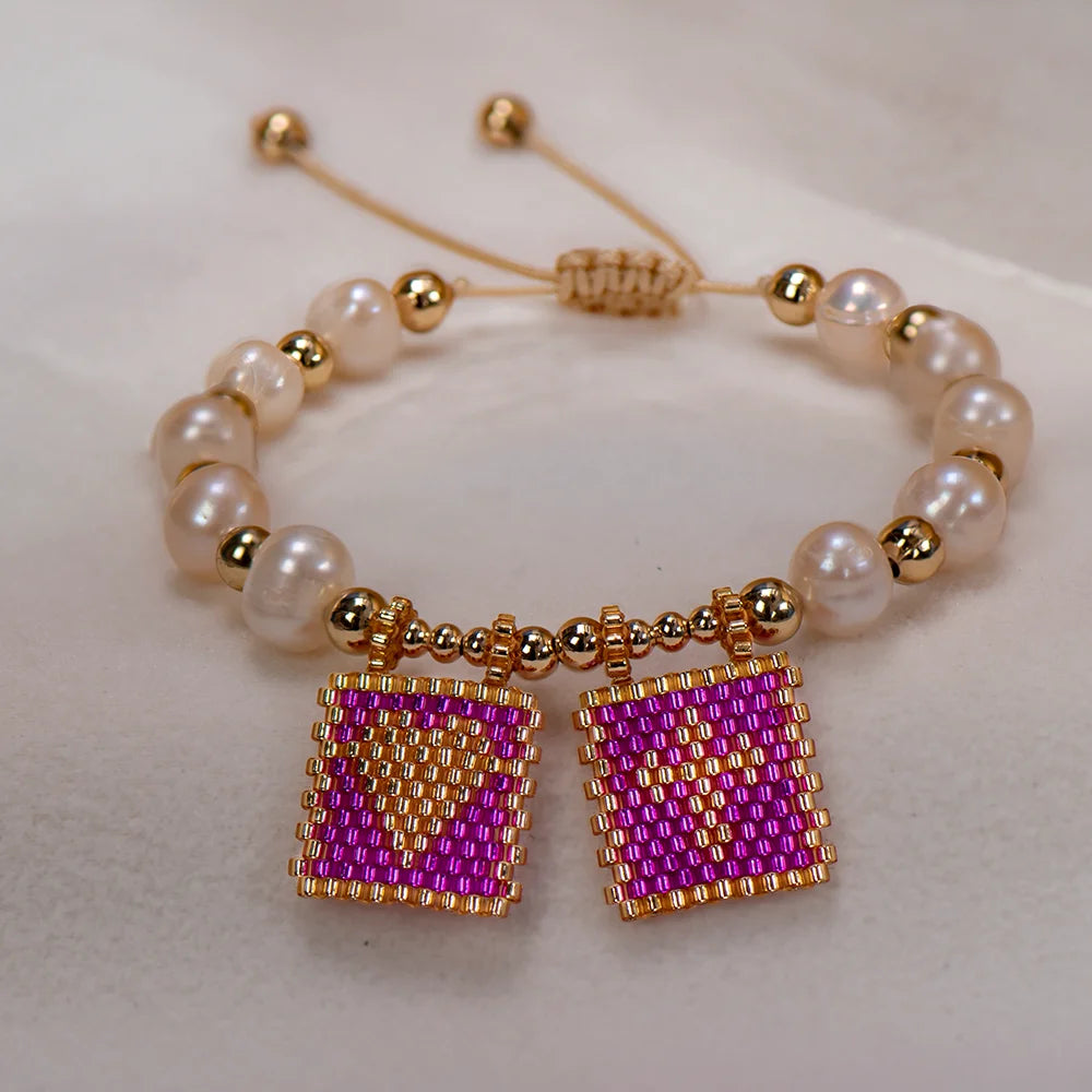 Woven Pearl Cross Heart Bracelet Beaded