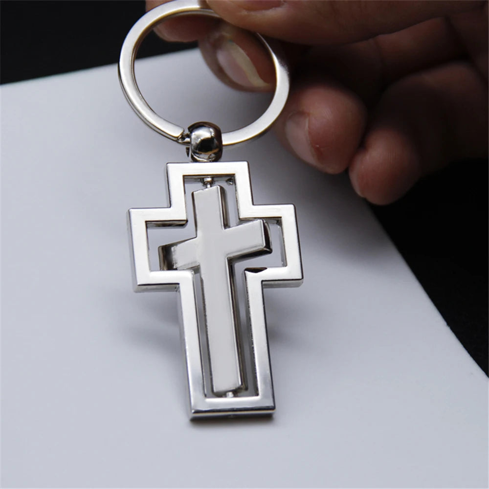 Metal Double-sided Rotating Cross Pendant Keychain