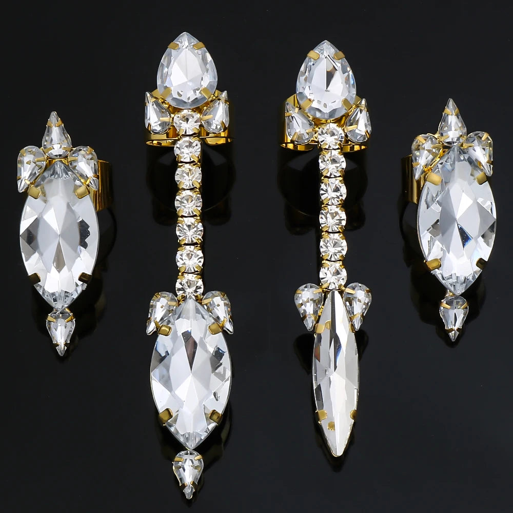 4PCS/Set Rhinestone Oversized Crystal Adjustable Cuff Rings Jewelry