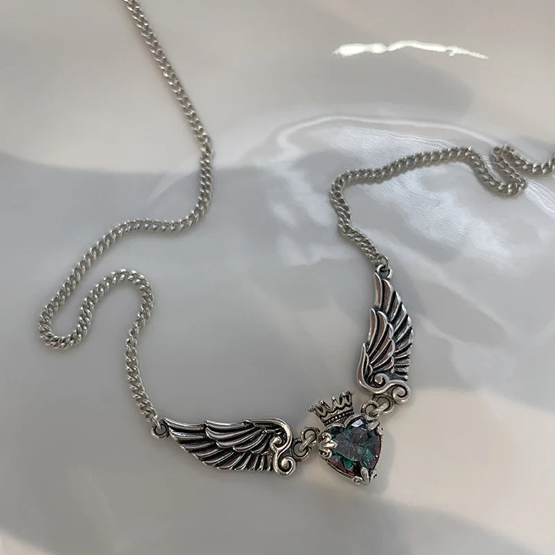 Vintage Gothic Heart Crown Angel Wings Pendant Necklace