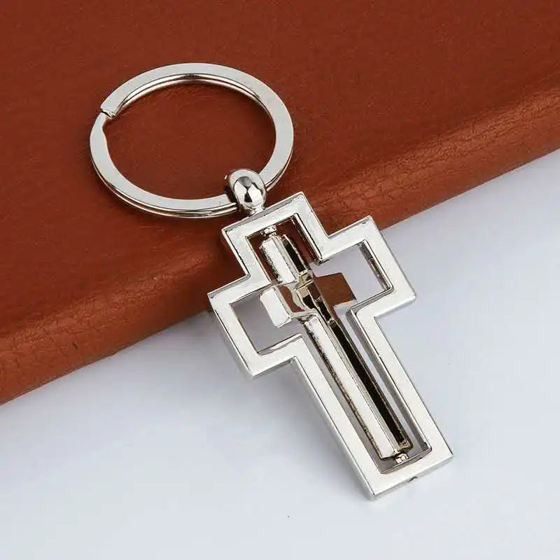 Metal Double-sided Rotating Cross Pendant Keychain