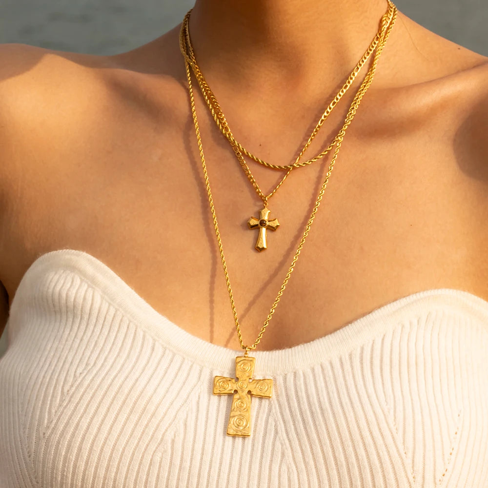 Stainless Steel 18K Gold Plated Trendy Cross NECKLACES AND EARRINGS