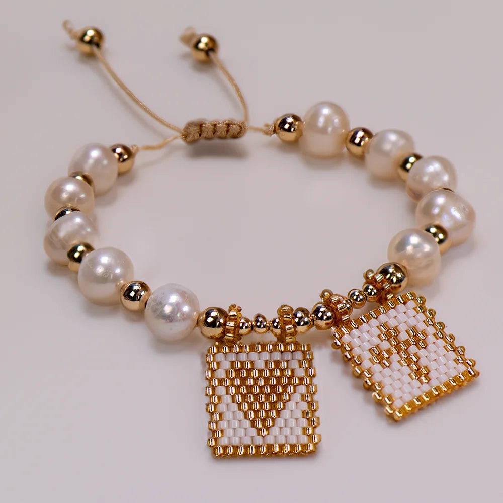 Woven Pearl Cross Heart Bracelet Beaded