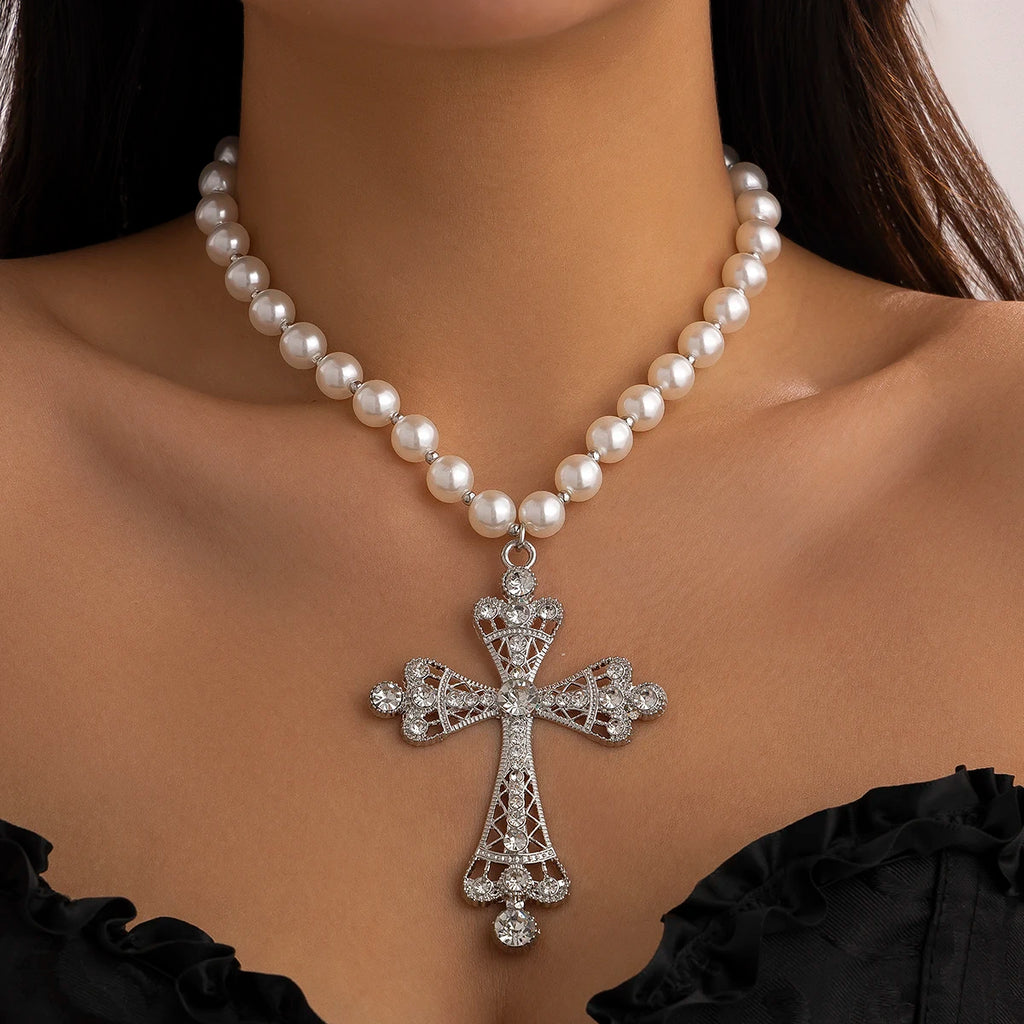Large Cross Pendant Pearl Choker Design