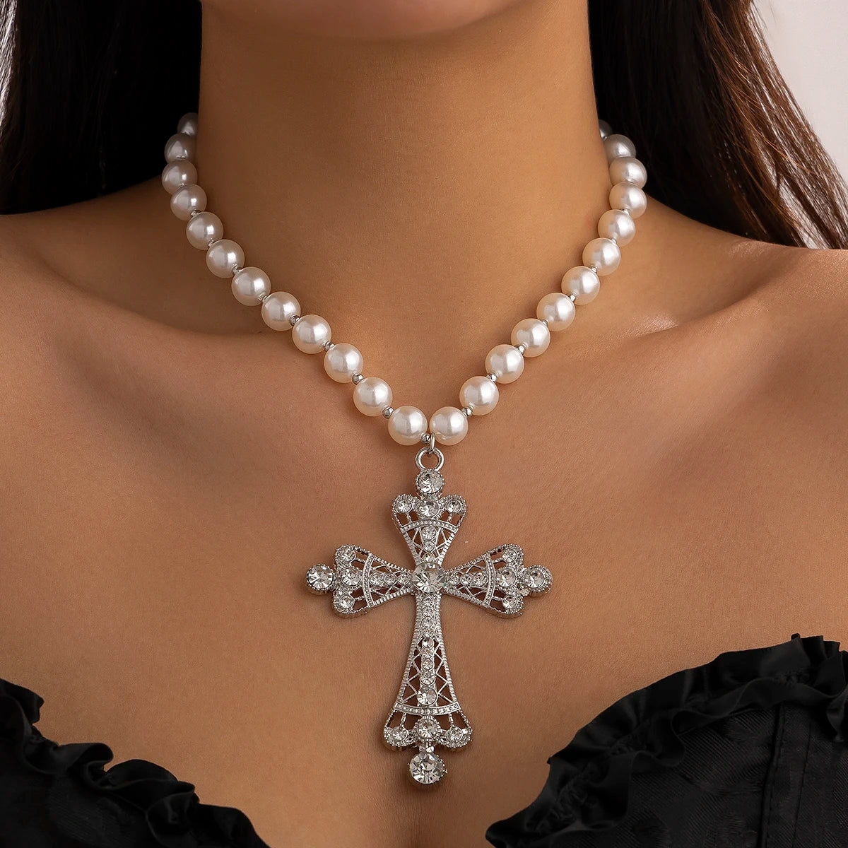 Large Cross Pendant Pearl Choker Design