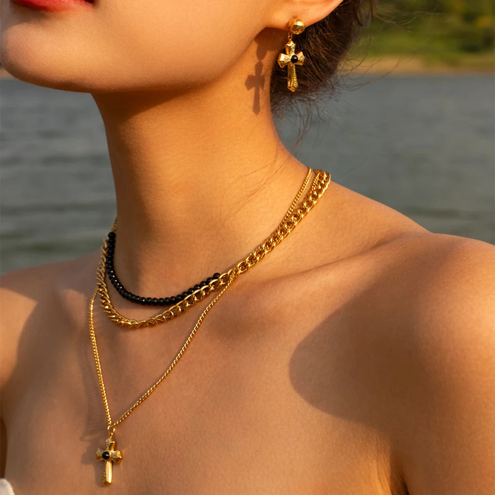 Stainless Steel 18K Gold Plated Trendy Cross NECKLACES AND EARRINGS