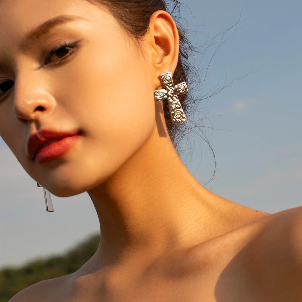Stainless Steel 18K Gold Plated Trendy Cross NECKLACES AND EARRINGS