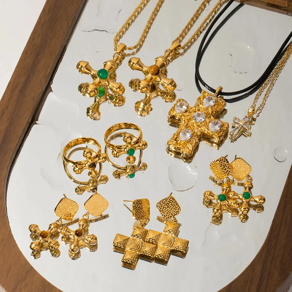 Stainless Steel 18K Gold Plated Trendy Cross NECKLACES AND EARRINGS