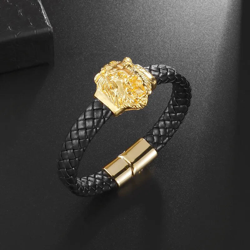 Lion Head Single Layer Handwoven Leather Bracelet