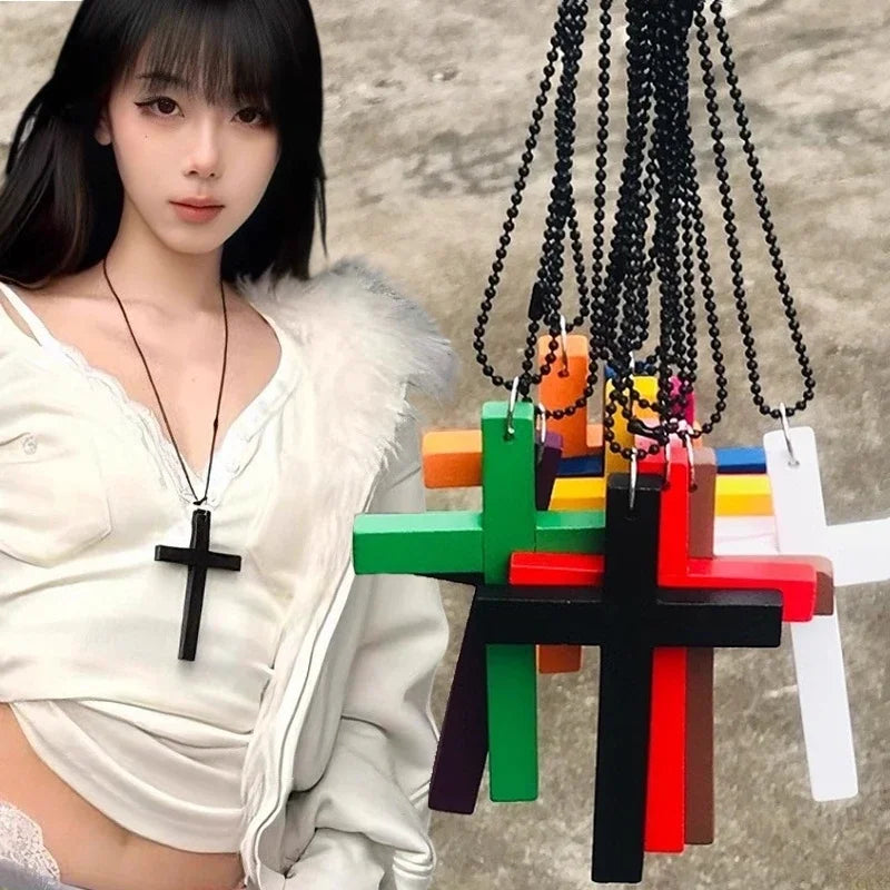 Fashion Punk Gothic Wood Cross Pendants Necklace for Women Black White Red Cross Choker Y2k Hip Hop Necklace Sweater Chain Gifts