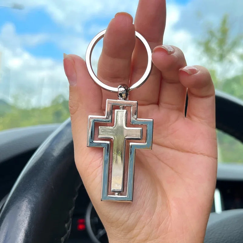 Metal Double-sided Rotating Cross Pendant Keychain