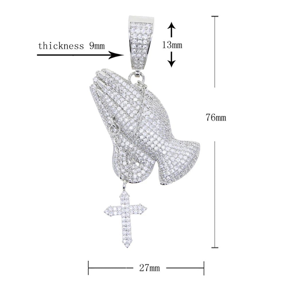 Iced Out Bling Praying Hands Cross Pendants Necklaces
