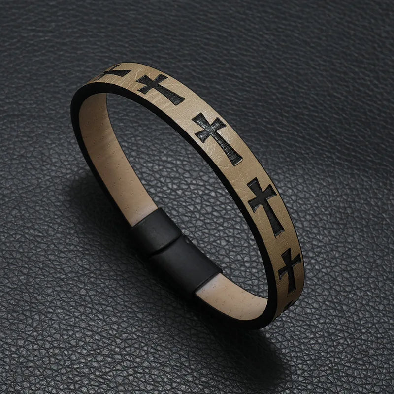 Leather Bracelet Detachable Magnet Buckle and cross detail