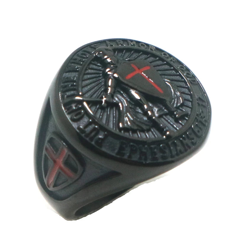 316L Stainless Steel Saint Paul Ephesians "Put On The Whole Armor Of God" Cross Knight Black Ring