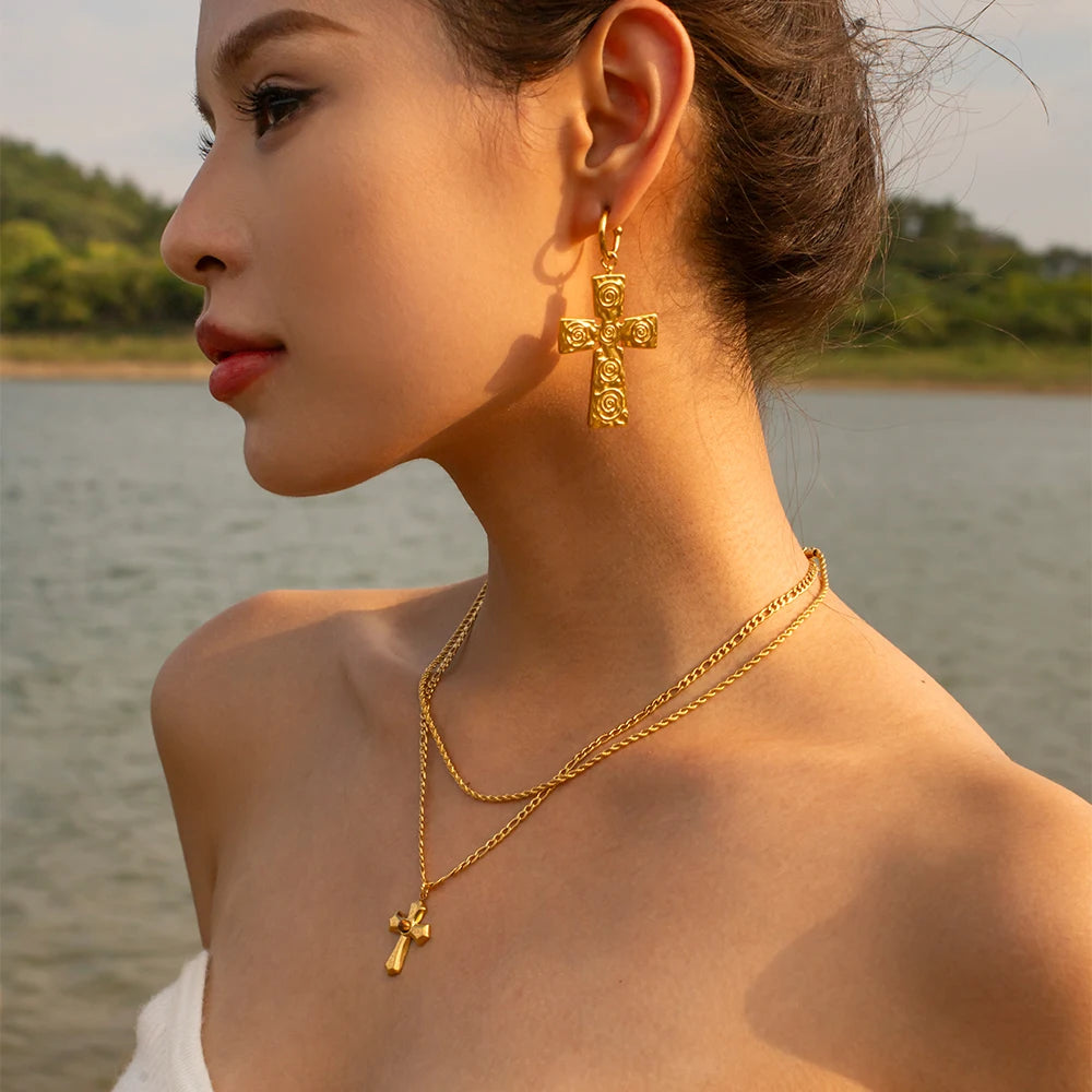 Stainless Steel 18K Gold Plated Trendy Cross NECKLACES AND EARRINGS