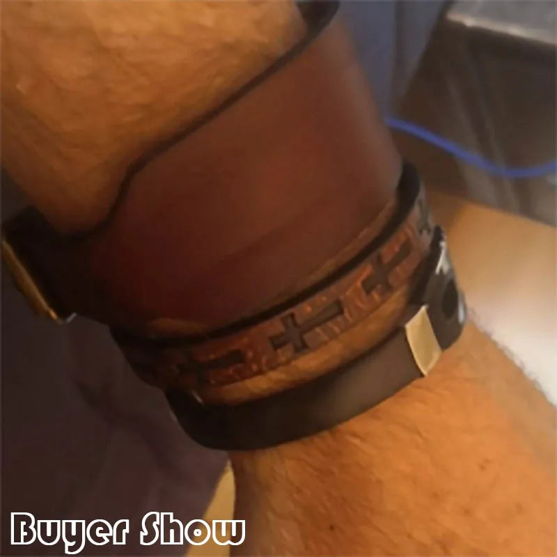 Leather Bracelet Detachable Magnet Buckle and cross detail