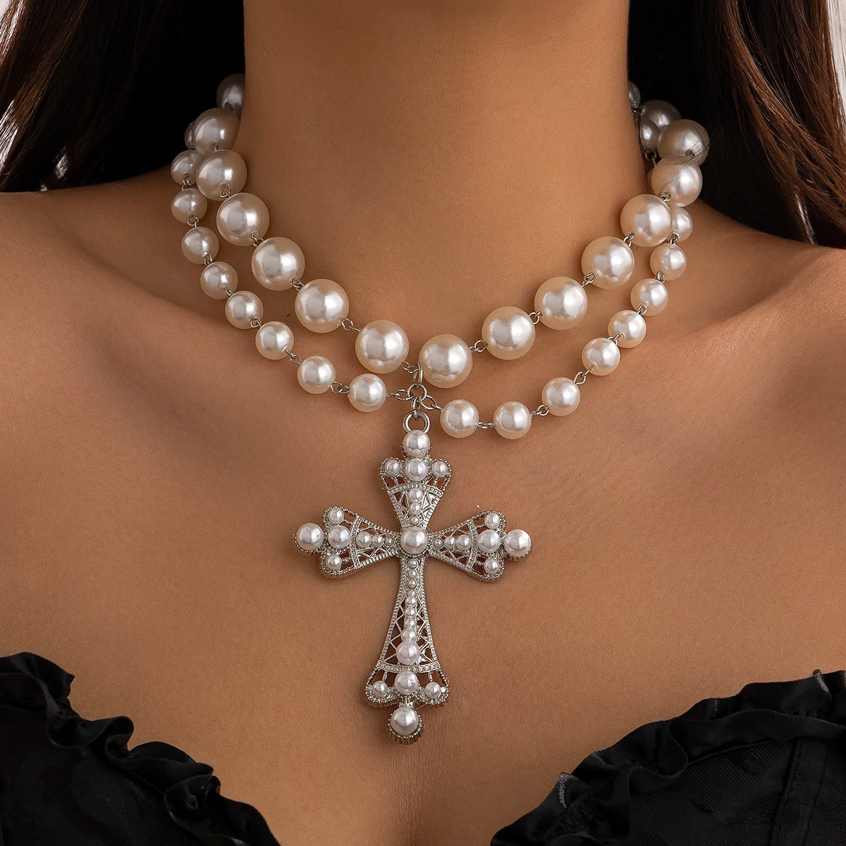 Large Cross Pendant Pearl Choker Design