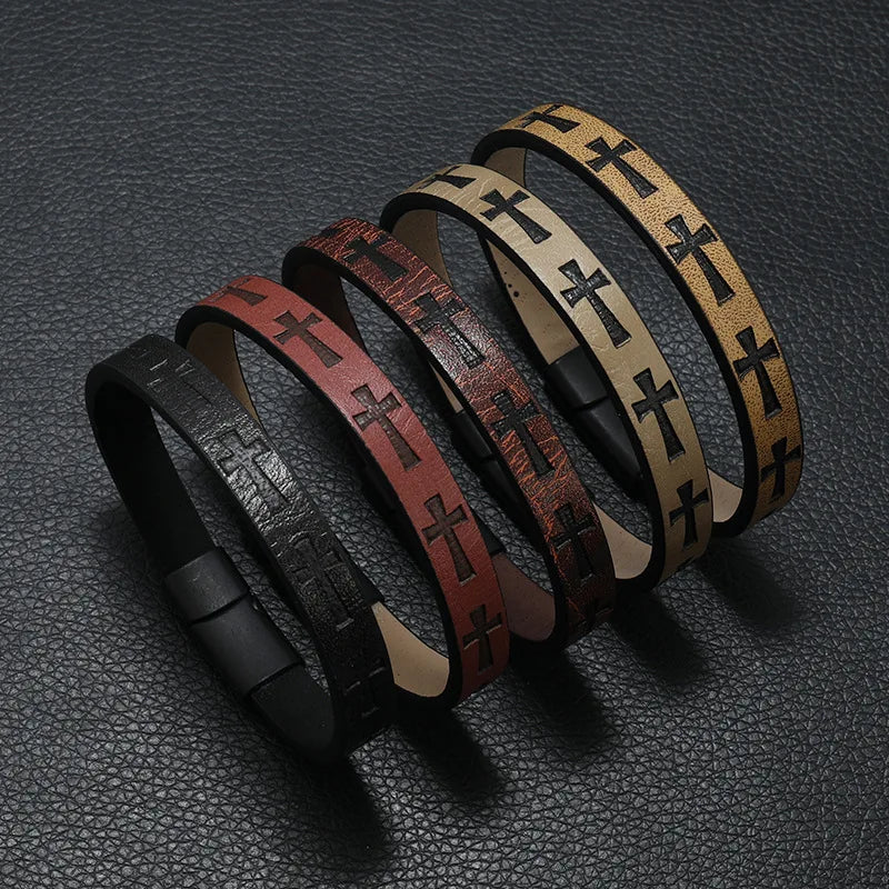 Leather Bracelet Detachable Magnet Buckle and cross detail