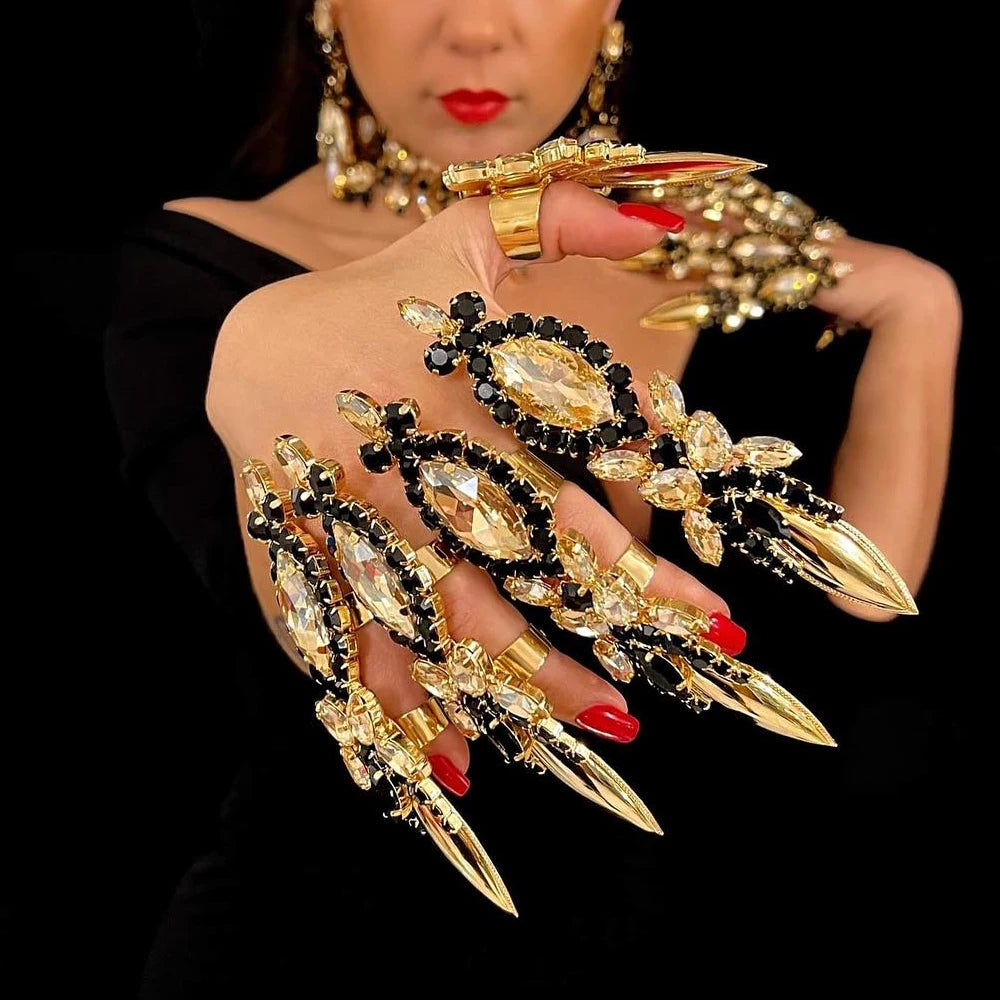 Black Exaggerate Large Crystal Rhinestone Rings Sets 5 Pcs