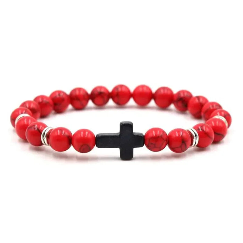Natural Stone Wood Beads Cross Bracelet