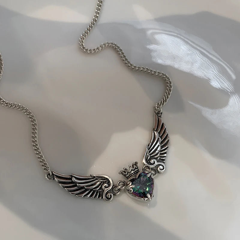Vintage Gothic Heart Crown Angel Wings Pendant Necklace