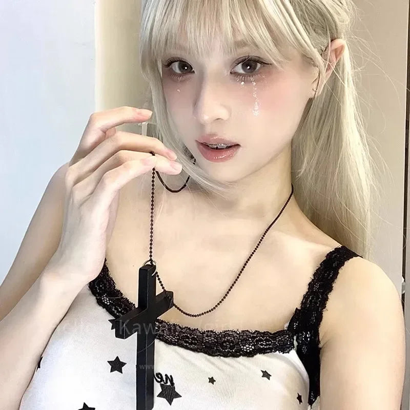 Fashion Punk Gothic Wood Cross Pendants Necklace for Women Black White Red Cross Choker Y2k Hip Hop Necklace Sweater Chain Gifts