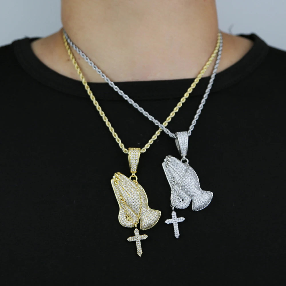 Iced Out Bling Praying Hands Cross Pendants Necklaces