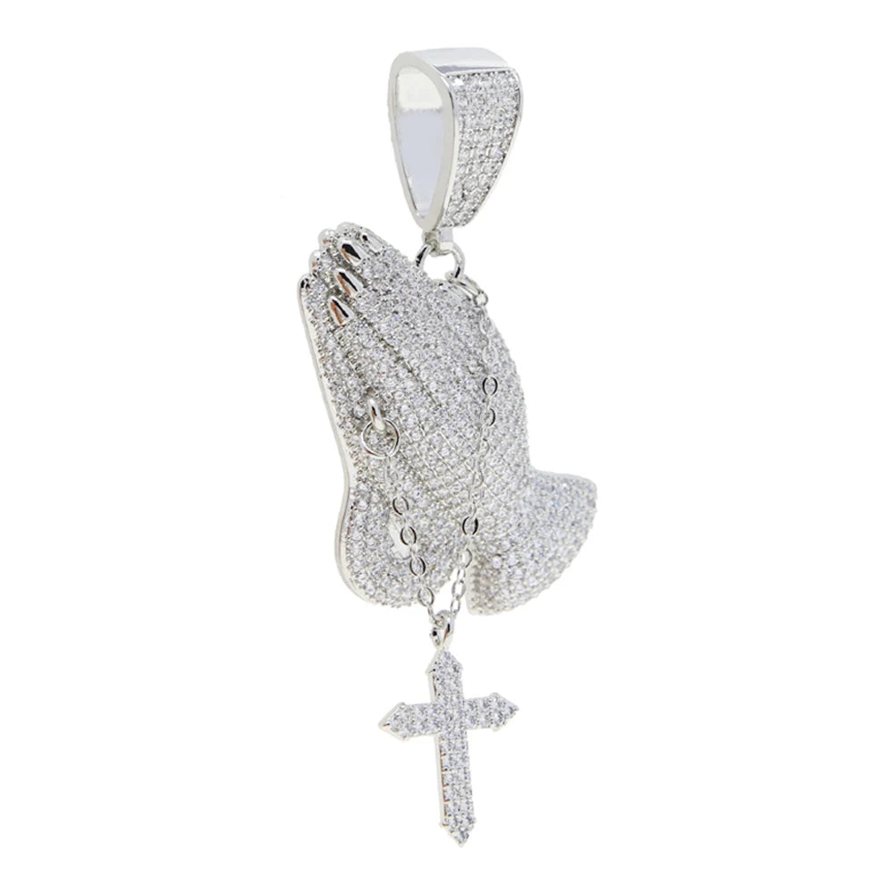 Iced Out Bling Praying Hands Cross Pendants Necklaces