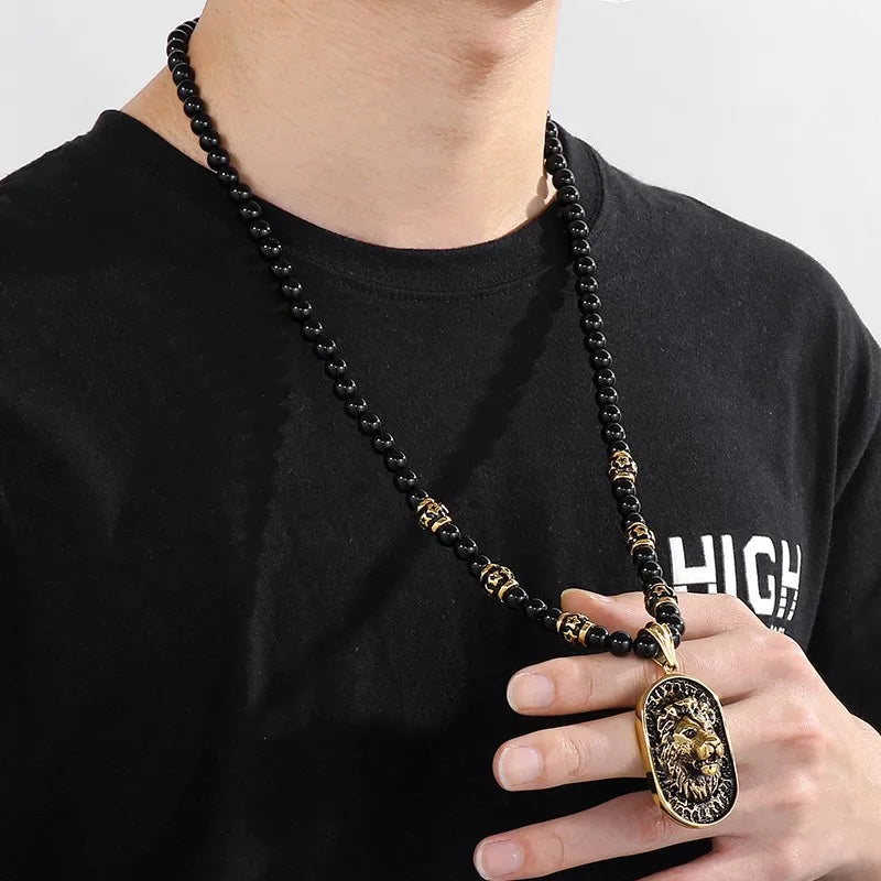 Agate Beads Chain with Lion Pendant