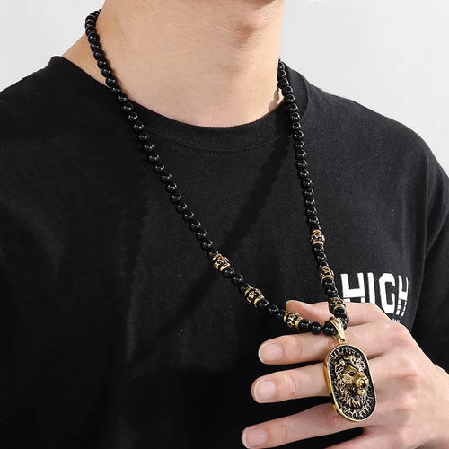 Agate Beads Chain with Lion Pendant