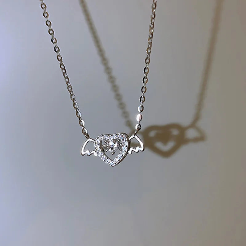 Vintage Gothic Heart Crown Angel Wings Pendant Necklace