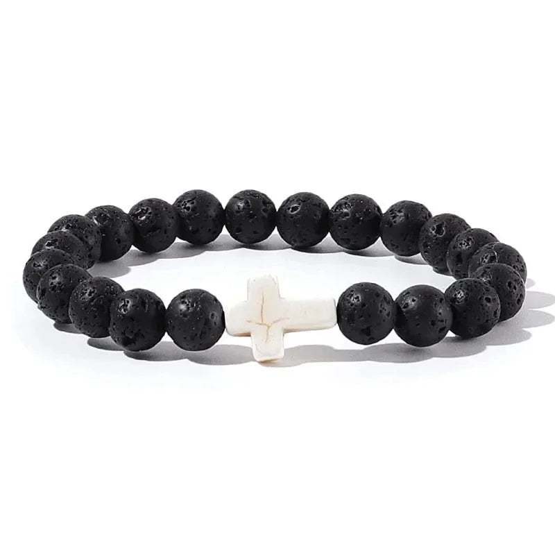 Natural Stone Wood Beads Cross Bracelet