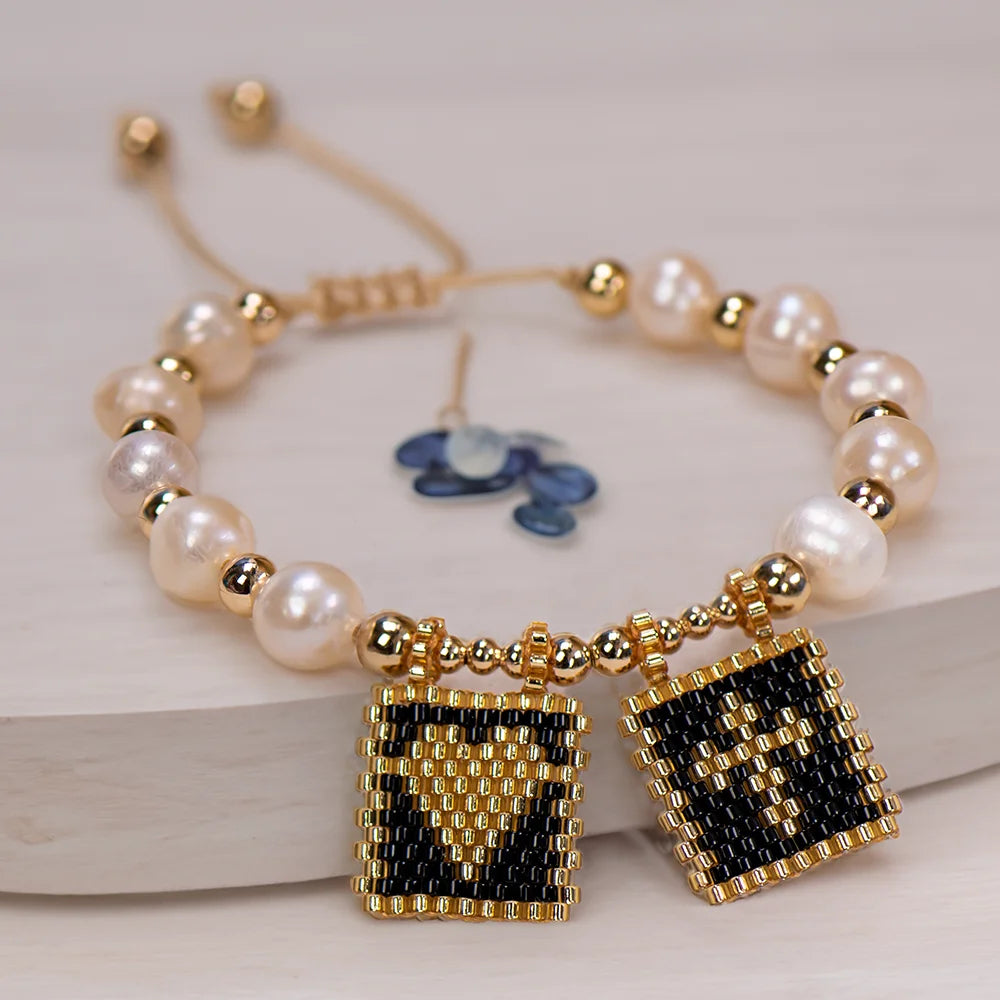 Woven Pearl Cross Heart Bracelet Beaded