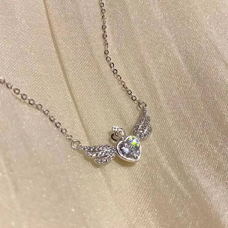 Vintage Gothic Heart Crown Angel Wings Pendant Necklace