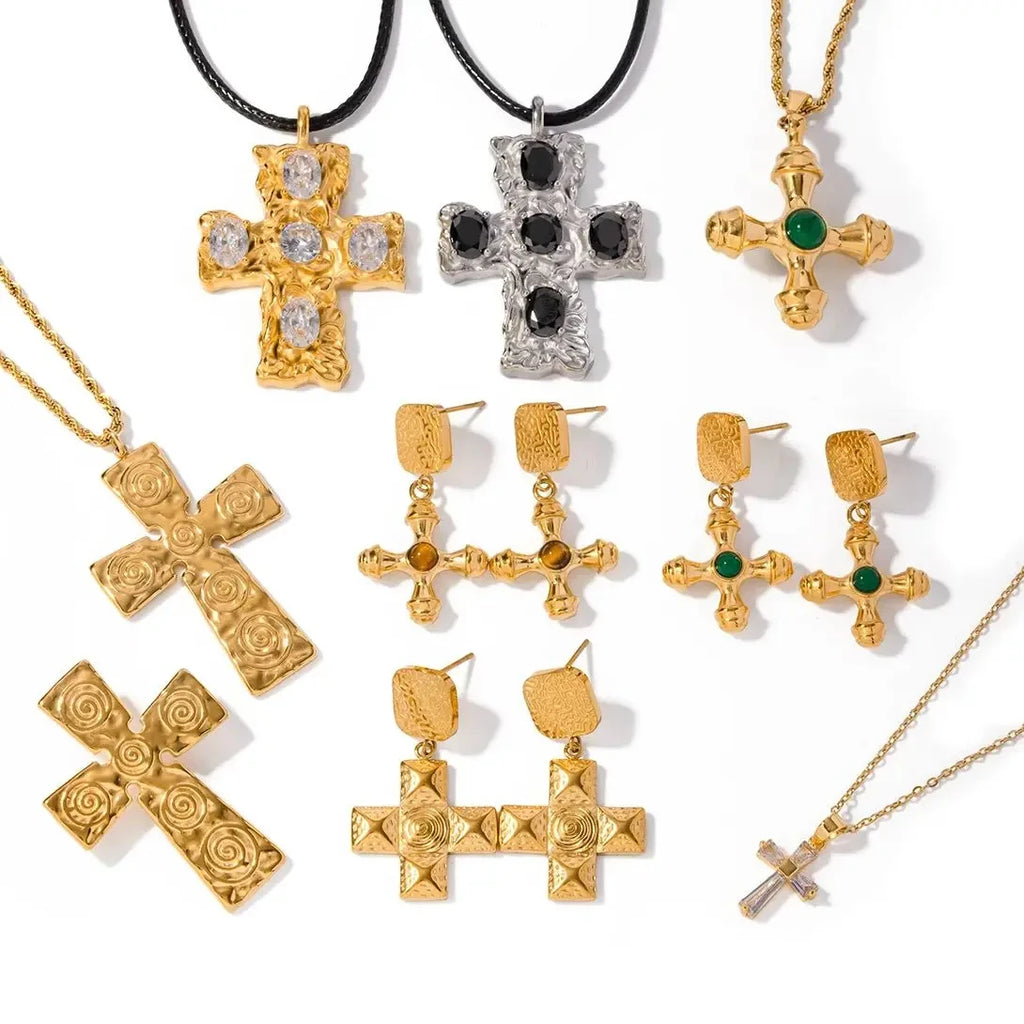 Stainless Steel 18K Gold Plated Trendy Cross NECKLACES AND EARRINGS